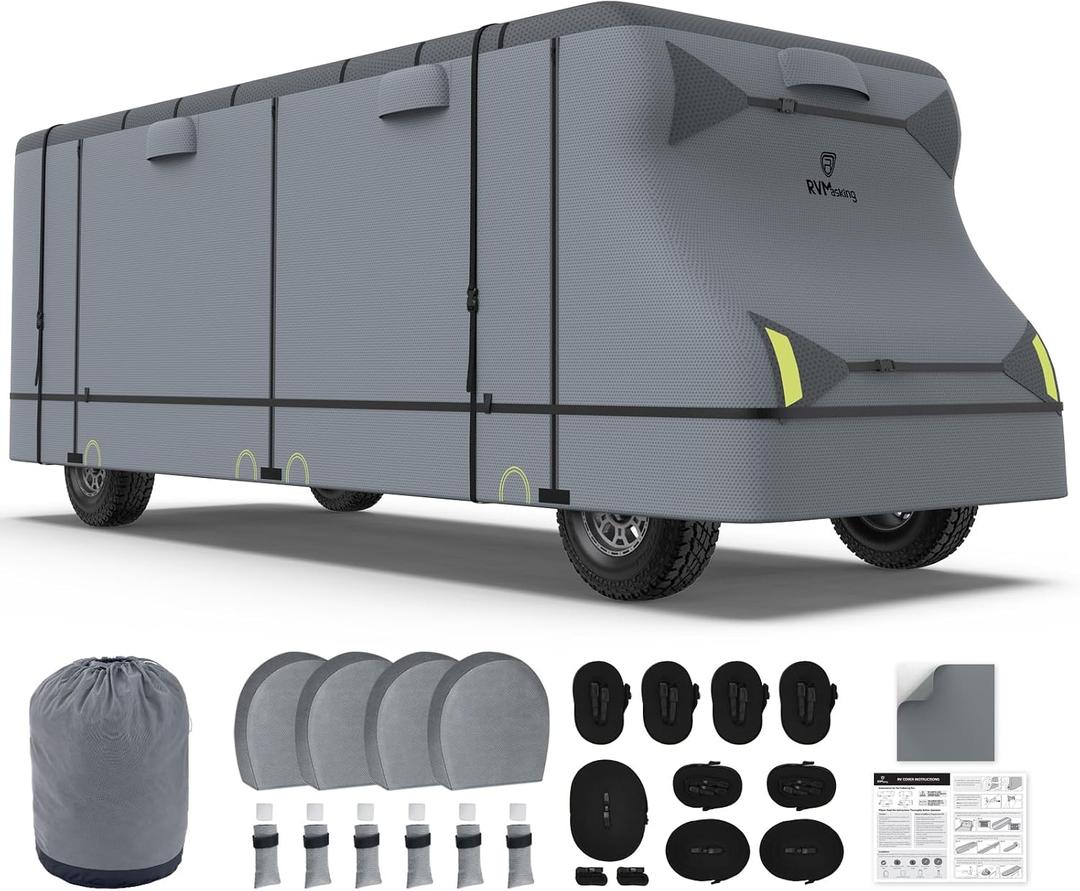 RVMasking Class C RV Cover, 26'1"-29' Heavy Duty 7 Layers Top Class C Motorhome Cover with 4 Tire Covers, Windproof Rip-Stop Anti-UV Camper Cover, Dark Gray