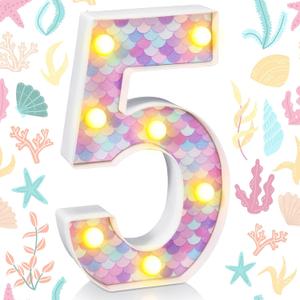 Mermaid Birthday Party Decoration, Decorative LED Glowing Numbers Mermaid Theme Marquee Digital Lights Table Centerpiece for Kids Under The Sea Birthday Baby Shower Party Decoration (5)