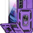 for Samsung Galaxy S21 FE 5G Case with Camera Lens Cover HD Screen Protector, Military-Grade Drop Tested Magnetic Ring Holder Kickstand Protective Phone Case for Samsung Galaxy S21 FE 5G (Purple)