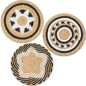 Glenmal 3 Pcs Boho Wall Basket Decor Decorative Bulrush Woven Basket Wall Decor Art Farmhouse Handmade Hanging Baskets with African Design for Living Room Display Table Settings Kitchen Home (Vivid)