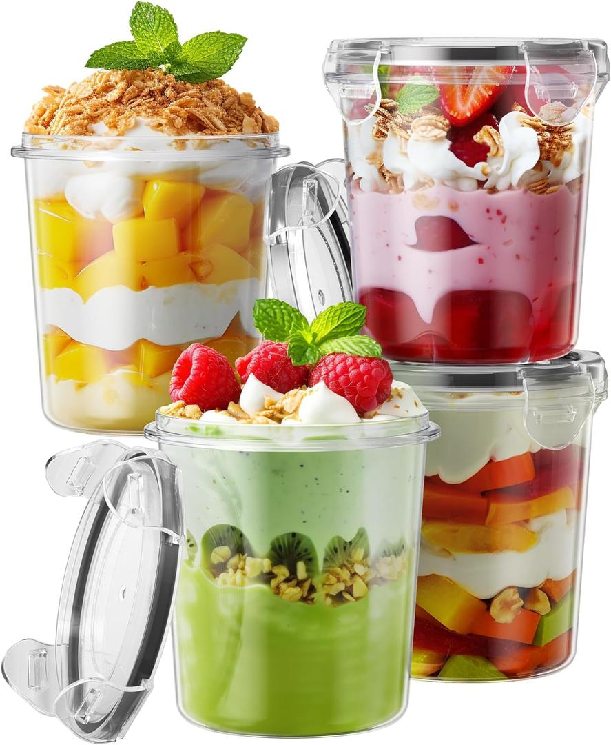 Overnight Oats Containers with Lids, 4 Pack 13oz Overnight Oats Jars, Plastic Mason Jars, BPA Free, Portable, Leak Proof Oatmeal Containers for Yogurt, Soup, Cereal, Milk and Salad