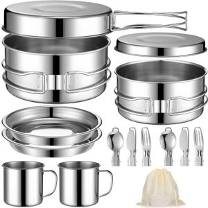 14 Piece Camp Cooking Set, Stainless Steel Camping Cookware with Pot and Pan Kit 2 Set Stainless Steel Cups Plates Forks Knives Spoons for Camping, Backpacking, Outdoor Cooking and Picnic