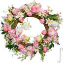 Spring Summer Wreath for Front Door 20, Artificial Flower Door Wreath with Pink White Roses Tulip Dasiy Wreaths with Hook for Windows Wall Deco Indoor Outdoor
