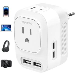 220V to 110V Voltage Converter US to Europe with 2 USB A & 2 USB C Ports Fast Charging, Power Converter for European Travel International Universal Travel Adapter for Italy Germany Spain France