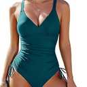 Women's One Piece Swimsuits Tummy Control Bathing Suits Sexy V Neck Push Up Slimming Swimwear with Side Drawstrings, XL