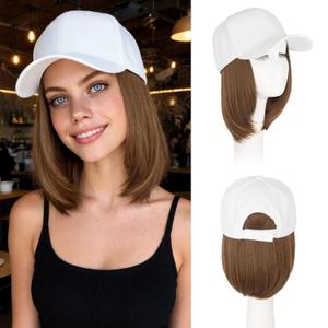 Benehair Hat Wig Extensions, Baseball Cap with Synthetic Hair Attached, Adjustable Wig Hairpieces for Women Daily Outdoor, 6 Inch Short Straight Medium Brown Hair with White Cap