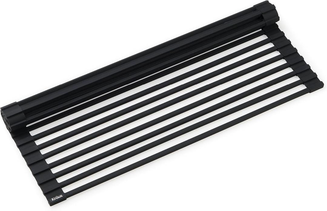 Kraus Multipurpose Workstation Sink Roll-Up Dish Drying Rack, Colander and Trivet in Black, KRM-11BL, 16.88" x 12" x .38"