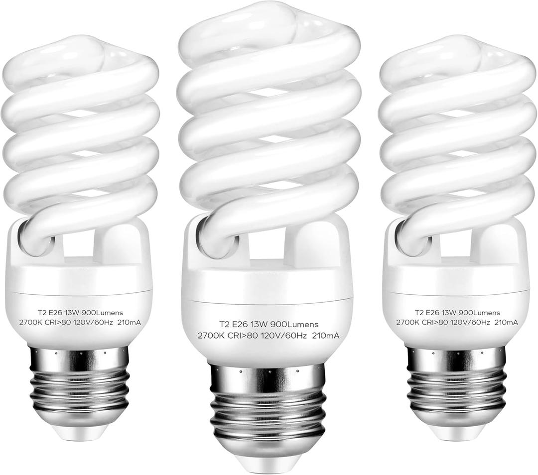 E26 Base 13W 2700K 900lm CFL Light Bulbs, T2 Spiral (60Watt Equivalent) Soft White Compact Fluorescent Light Bulbs, UL Approved, 120v 60Hz, Self Ballasted, Indoor Use (3 Pack)