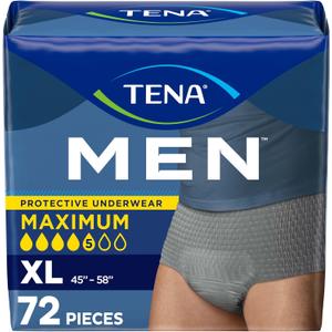 Tena Adult Protective Underwear for Men, Maximum Absorbency, XL, 72 Count (Waist Size 45in-58in)