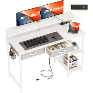 JOISCOPE Home Office Desk with Power Outlets (3AC, USB, Type-C), 48 × 20 Inch Computer Desk with 2 Drawers & Shelves, Laptop Table with Display Riser, Gaming Study Drafting Table for Bedroom, White