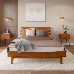 Bme Caden 15'' Bed Frame with Adjustable Headboard - Mid Century, Retro Style with Acacia Wood - No Box Spring Needed - Wood Slat Support - Easy Assembly (Caramel, Queen (U.S. Standard))
