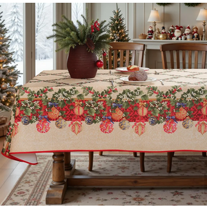 Christmas Tablecloth Rectangle 60x120 Inch Red Holly Berry Ornament Ball Waterproof Durable Vintage Santa Tablecloth, Xmas Table Cover for Holiday, Winter, Farmhouse Party, Beige