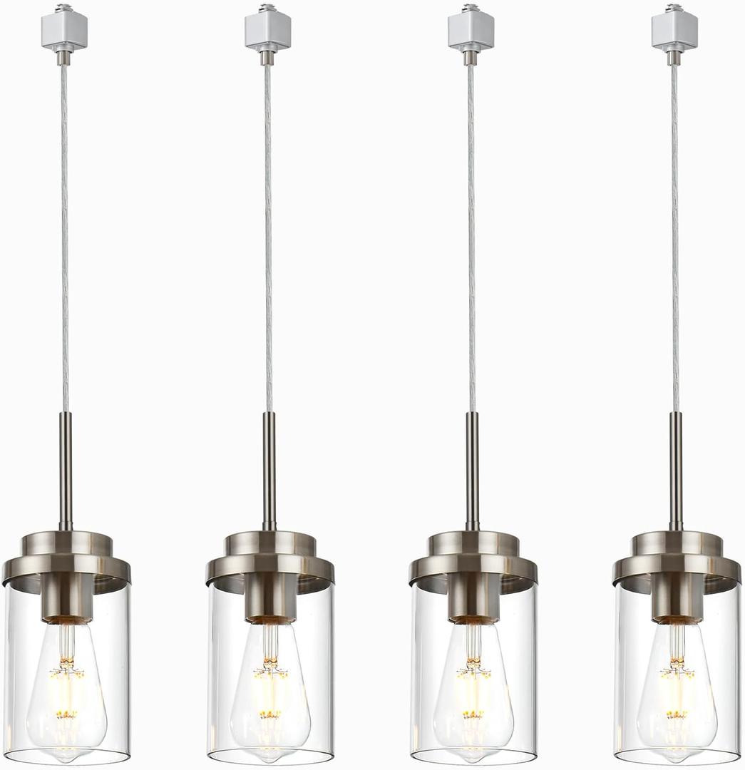 MELUCEE 4 Pack H Track Lighting Pendants Brushed Nickel Ceiling Track Hanging Light Fixtures with Clear Glass Shades, Compatible with H Type Track Lighting Rail, E26 Socket (4 Packs)
