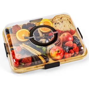 Charcuterie Board with Clear Lid, Portable 6-Compartment Cheese & Snack Tray, Reversible Bamboo Cutting Board, Secure Latch Closure for Picnics, Parties & Light Travel, Housewarming Gift