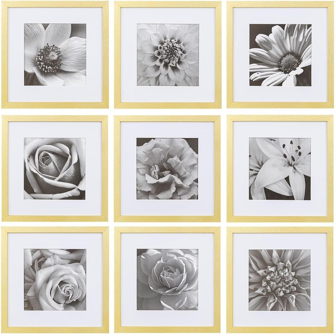 eletecpro 12x12 Picture Frames Set of 9 with Mat for 8x8 Photos or without Mat for 12x12, Square Gallery Wall Decor Collage for Picture Display, Gold Frame Set for Wall Hanging