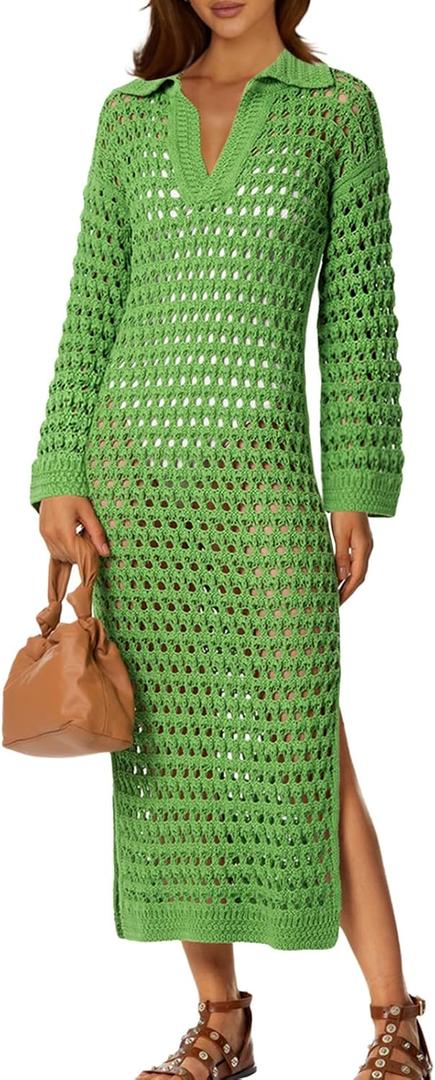 Saodimallsu Womens Crochet Swimsuit Cover Up V Neck Collared Long Sleeve Mesh Knit Long Beach Coverup Maxi Dress (Green)