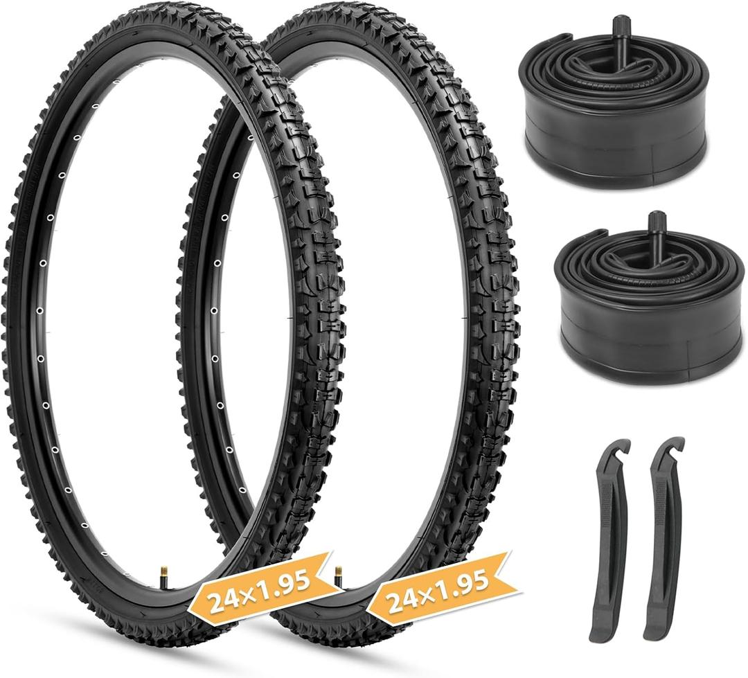 Hycline Mountain Bike Tires Set: 2-Pack 20/24/26x1.95 Inch Folding Replacement High-Density Bicycle Tires and Pair Inner Tubes with Tire Levers Compatible with MTB Off-Road Bike