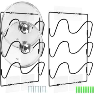 6-Tier Pot Lid Organizer Rack, 2 Pack 3-Slot Kitchen Pot Lid Holders | Rustproof Pan Lid Organizer for Cabinet Door and Wall, 6 Adhesive Hooks and 8 Screws Wall Anchors Set, 2 Installation Ways