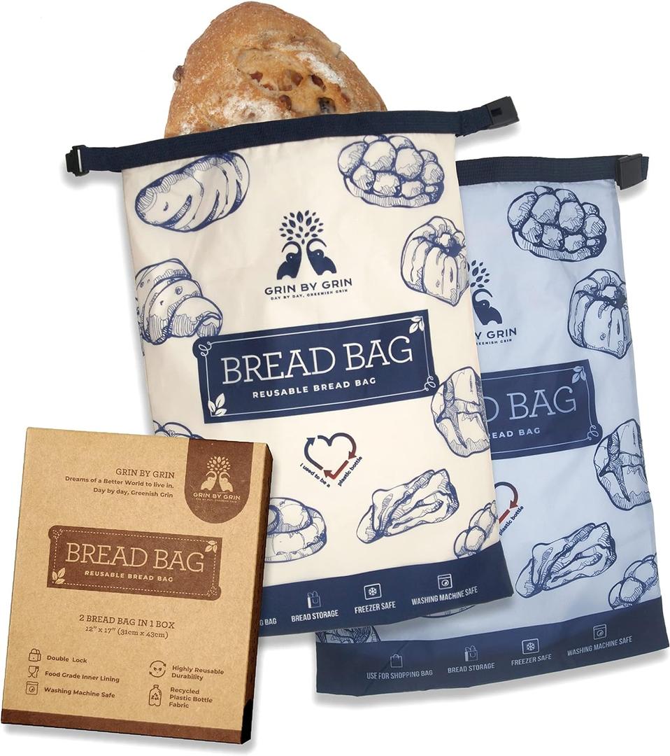 GRIN BY GRIN- Bread Bags 2 Pack Reusable Zipper Bags for Homemade Bread Sourdough Extra Large Freezer Storage