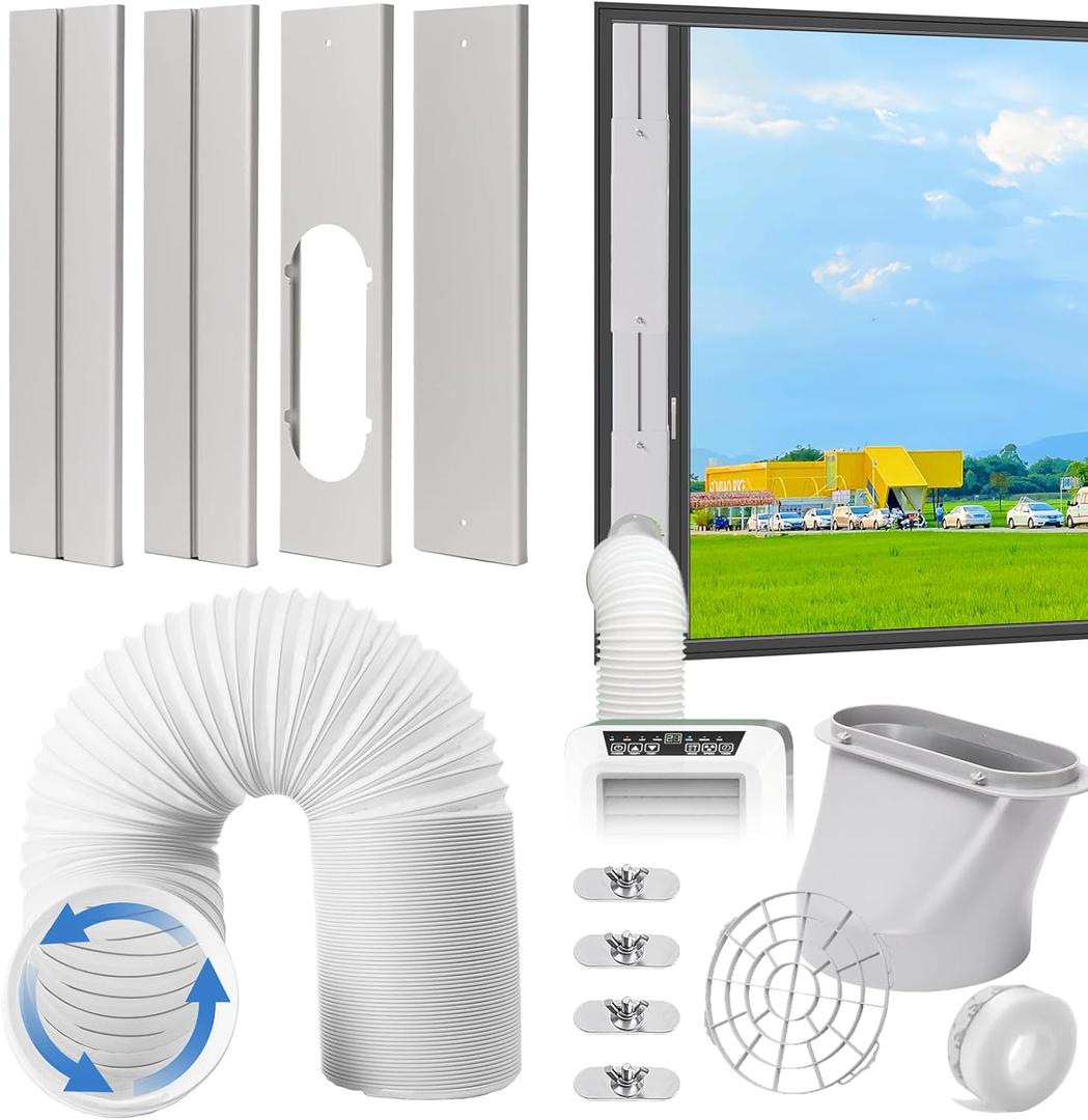 Portable AC Window Vent Kit, Adjustable Vertical/Horizontal Sliding Window Kit Plate for AC Unit, Seamless Portable AC Window Seal with 5.9 Inch Diameter, 59 Inch Length Exhaust Hose