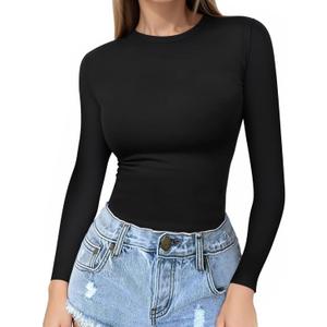 MANGOPOP Crew Neck Long Sleeve T Shirts for Women Fitted Shirts Tight Neck T Shirts Basic Tee Tops (Large, A01black)