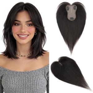 Hairro Human Hair Toppers For Thinning Hair Natural Black Topper Hair Pieces For Women No Bang Middle Part Side Bangs Hair Clip Short Thin Wiglet 10 Inches 20g #1B