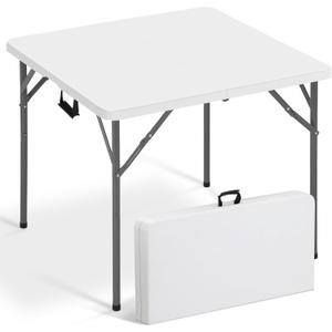 34“Square Card Table, Portable Folding Game Table for Parties & Camping, Fold in Half Design with Removable Steel Legs, Waterproof HDPE Top, Easy Setup Indoors & Outdoors, White, 34in