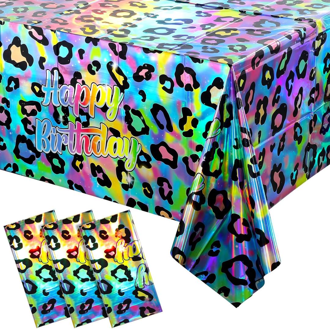 3 Pack Cheetah Print Tablecloth, Iridescent Neon Rainbow Leopard Party Decorations, Plastic Disposable Rectangle Safari Print Table Cover for Birthday, 54X108 Inch