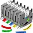 6-Pack Label Maker Tape Replacement 12mm 0.47 White Laminated for P Touch, Compatible with PTouch TZ-TZe 1/2" Black & Color TZE231 for PT-D220 D210 H110 D200 D400 D610BT Refills (Black on Colorful)