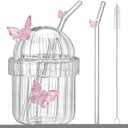 Butterfly Glass Cup with Lid and Straw Vintage French-style Glasses with Vertical Stripes Tea Cup Coffee Mug for Hot and Cold Beverages Juice, Cocktail, Whiskey, Milk(Pink)