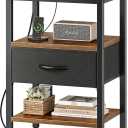 SUPERJARE Nightstand with Charging Station, Bed Side Table with Adjustable Fabric Drawer, Night Stand for Bedroom, 3-Tier Storage End Table, for Living Room, Rustic Brown and Black