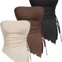 Women's Ruched Split Sleeveless Tube Top Asymmetrical Drawstring Strapless Tops Pack of 3 (Multicolor)