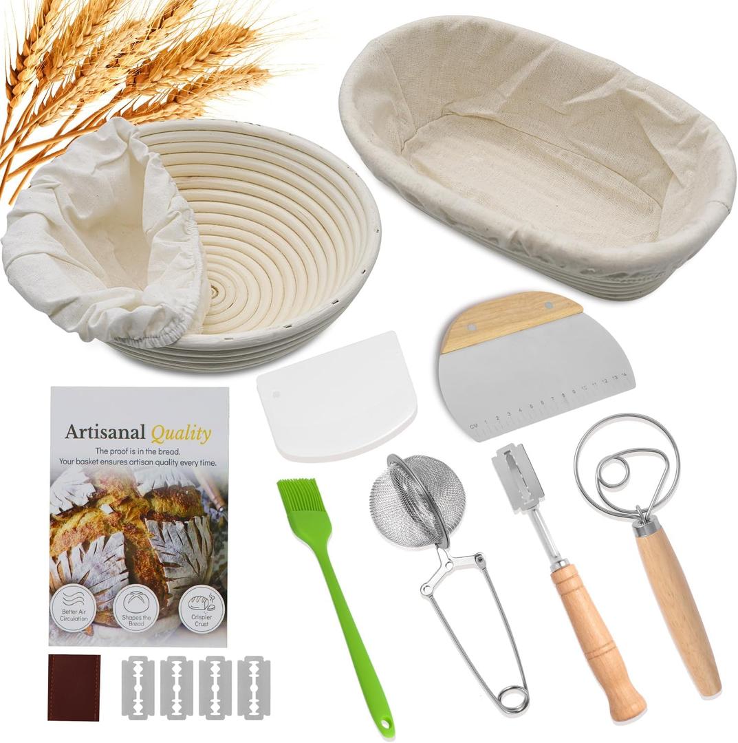Bread Proofing Basket Set, Round 9 Inch and Oval 10 Inch Banneton Bread Bowl, Sourdough Bread Making Supplies Tools with Bread Lame, Danish Whisk, Bowl Scraper, Sourdough Scraper, Liners