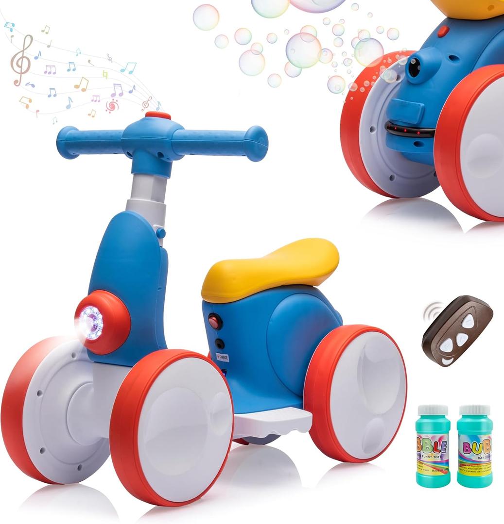 JoyRydz 6V Electric Baby Balance Bike with Bubble Machine,4 in 1 Toddler Balance Bike w/Remote for 1 Year Old Boys Girls Kids Bubble Bike Ride on Toys w/Powered Motor,Music,LED Lights (Blue&Red)