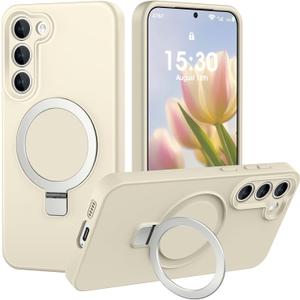 Liquid Silicone Case for Samsung Galaxy S23 with Magnetic Stand, Mil-Grade Drop Shockproof, Full Camera Protection Anti-Scratch Microfiber Lining Silicone Phone case, Beige
