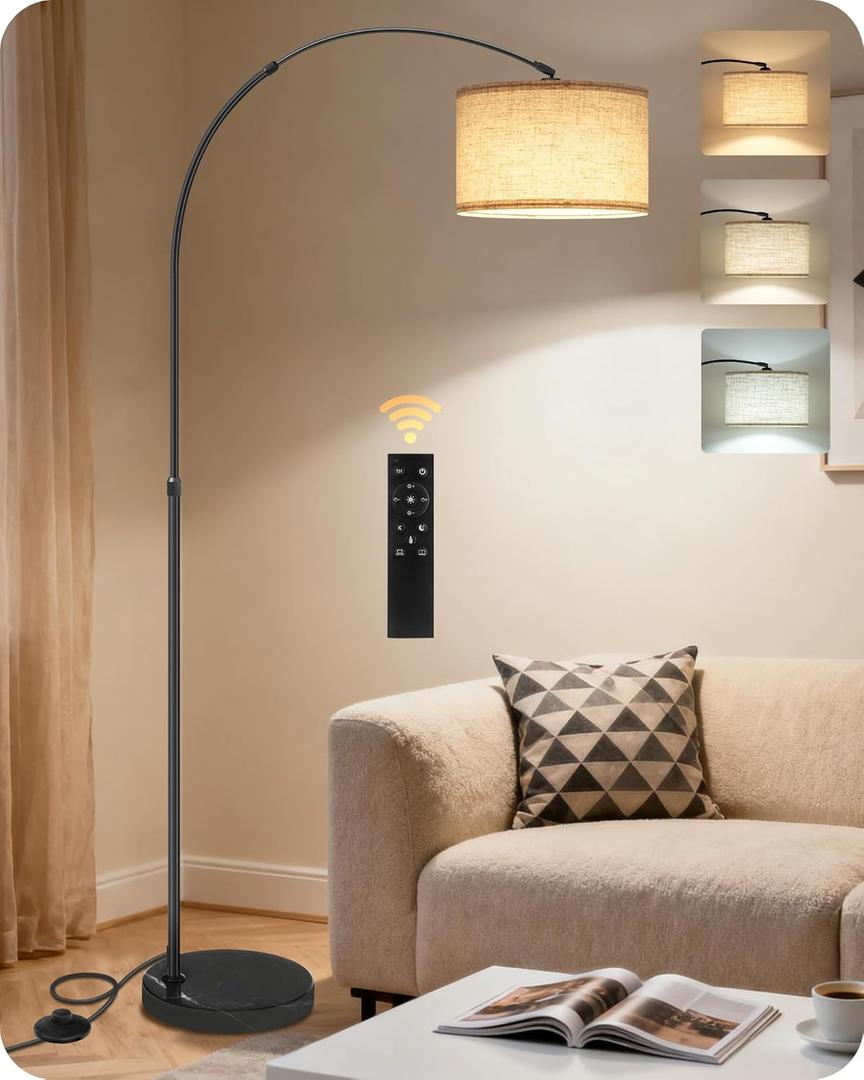 75" Arc Floor Lamp with Marble Base and Adjustable Height, Rotating Hanging Shade, Dimmable Floor Lamp for Living Room with Remote and Foot Switch, 3CCT, Over Couch Arched Reading Light E15LD05 (Black + Beige)