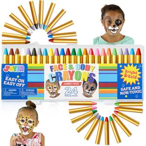 JOYIN 24 Colors Face Paint Safe & Non-Toxic Face and Body Crayons (Large Size 3 inch) Ultimate Party Pack Including 6 Metallic Colors for Birthday Toy Makeup Party Suppiles, Gifts for Kids Girls Boys
