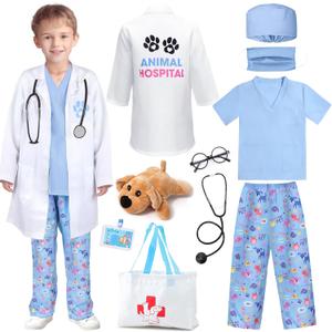 G.C Kids Veterinarian Costume Toddler Doctor Kit Scrubs Doctor Vet Costume Play Set Boys Girls Halloween Dress Up Career Day (140 (8-10Y), Blue)