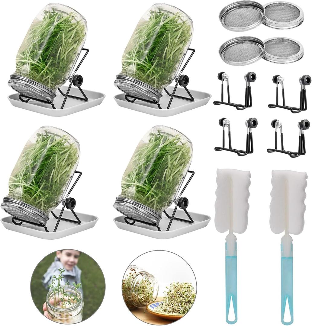 Lulonpon 4 Sprouting Jar Kit, Wide Mouth Quart Mason Jars with Stainless Steel Screen Sprout Lids, 86mm,1000ml,Stand,Tray and Canning Brush,Seed Sprouter Set for Growing Broccoli, Alfalfa, Mung Bean