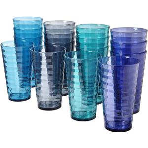US Acrylic Splash [Set of 16] 18 ounce Plastic Stackable Water Tumblers in 4 Coastal Colors Value Set of Drinking Cups, Reusable, BPA-free, Made in the USA, Top-rack Dishwasher Safe