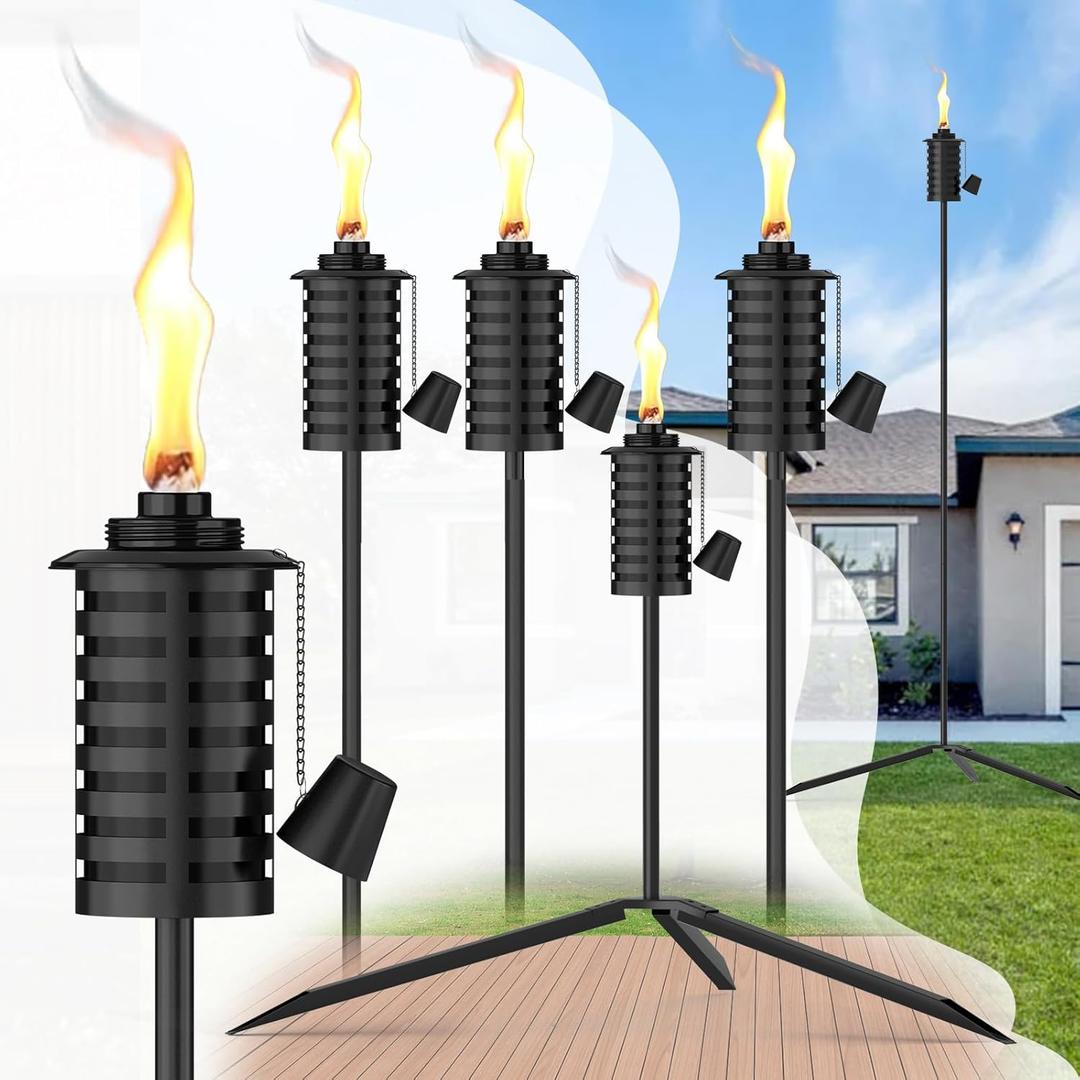 6 Pack Garden Torch with Tripod Footprint, 55 Inch Outdoor Metal Torch Garden Dcor, Upgraded Home Citronella Torches, Metal Light Torches for Any Yard, Pathway, Backyard