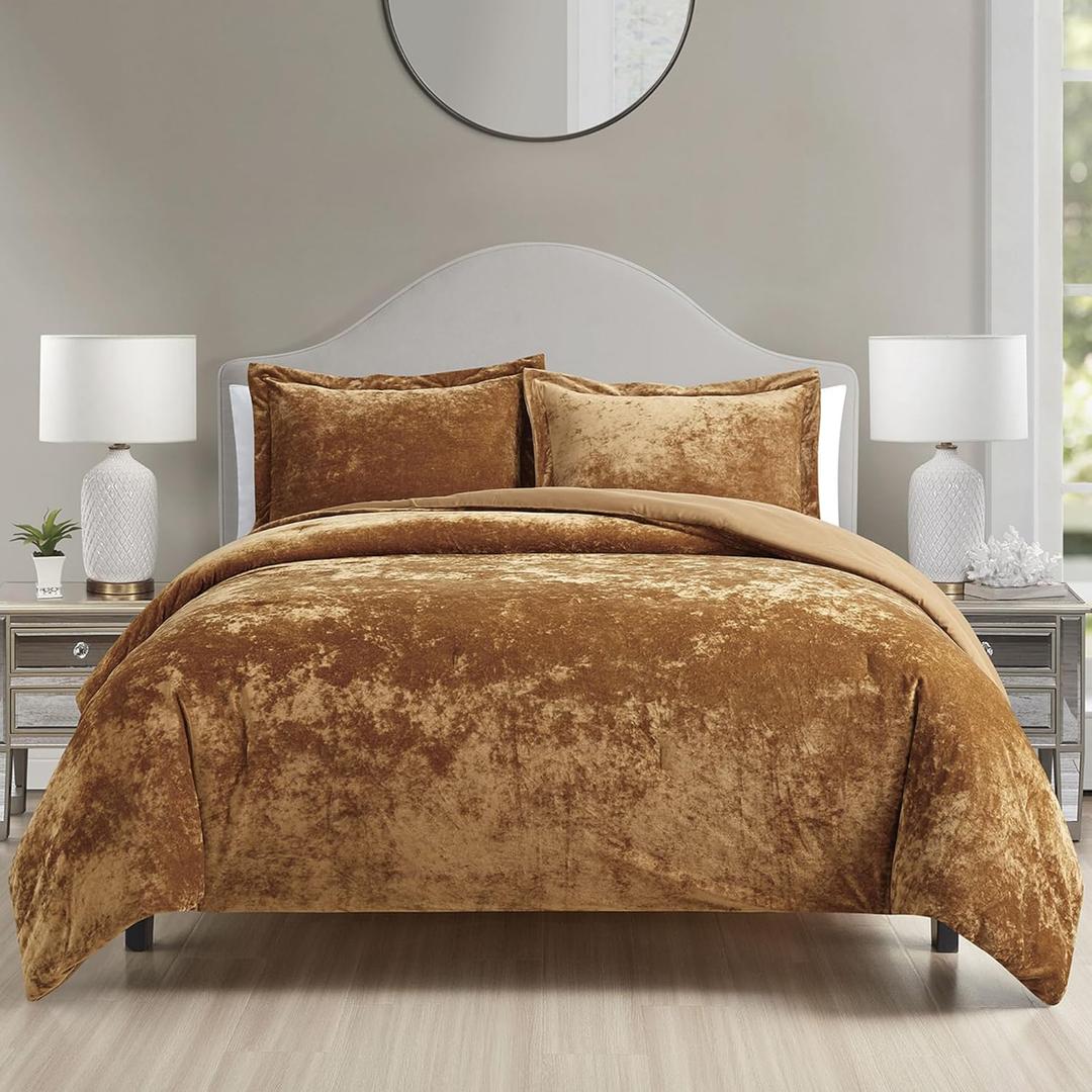 Luxury Velvet Queen Size Comforter Set, 3 Pieces Reversible Brushed Solid Microfiber Back, All Season Cozy, Soft, Warm(Caramel Gold,90x90 in)
