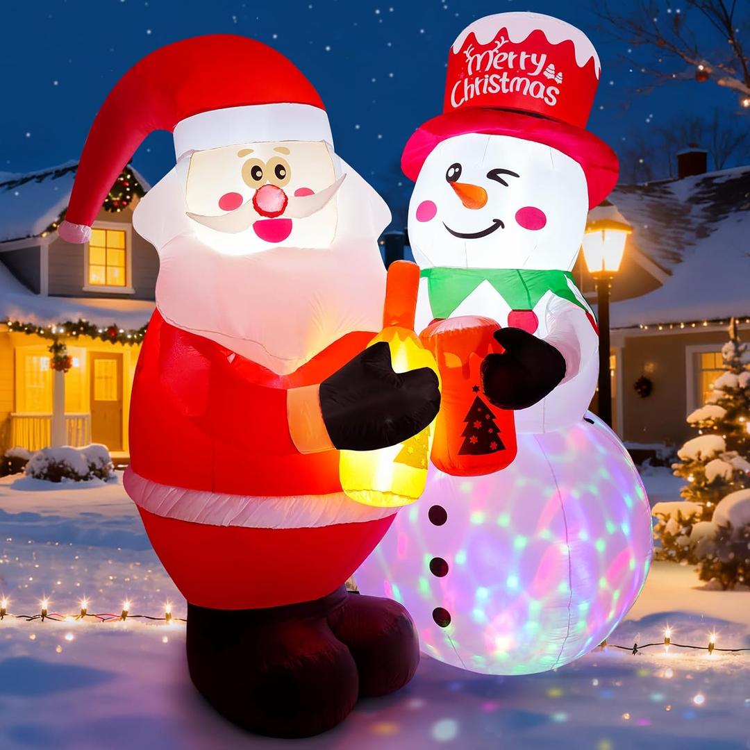 Meland 7FT Christmas Inflatable Outdoor Decoration, Inflatable Santa and Snowman Toasting with Light, Rotating Colorful LED, Blow Up Holiday Yard Decor for Family, Lawn, Garden & Christmas Party Cheer