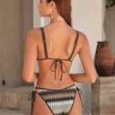 ZAFUL Bikini Sets for Women Dual Straps Wave Texture Cutout Color Block Triangle Swimsuits 2 Pieces Bathing Suits (Brown, S)