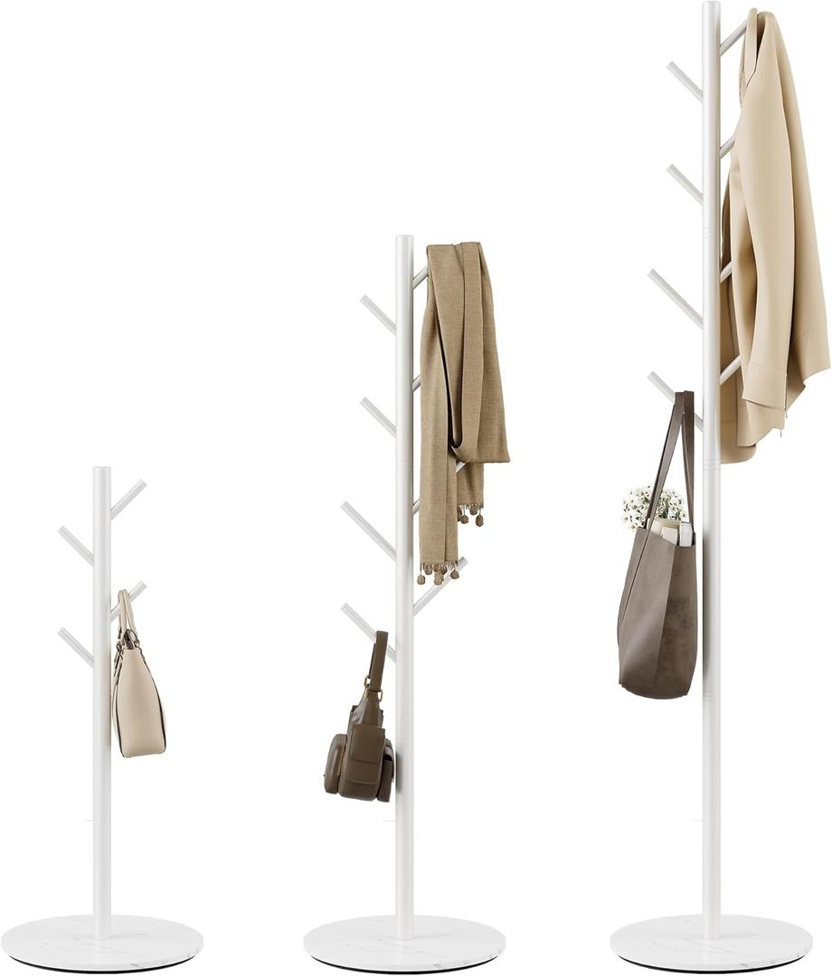 Coat Rack with 8 Hooks, 3 Adjustable Heights, Modern Hall Tree, Sturdy Metal Clothes Stand with Sintered Stone Base for Entryway, Office, Bedroom, for Coats, Hats, Handbags and Scarves, White (Y(11.4" x 11.4" x 67"))