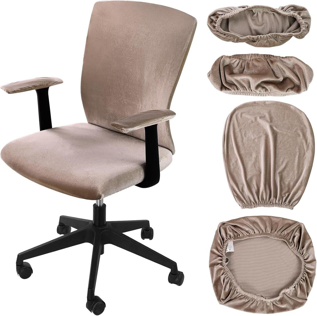 Tallew 4 Pcs Office Chair Covers Set Computer Universal Protective Stretchable Chair Seat Covers Desk Armrest Slipcovers Pads Office Cushion Backrest for Rotating(Khaki)