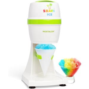 Nostalgia Snow Cone Machine With 1 Reusable Plastic Cup & Dual Ice Molds Retro Table-Top Shaved Ice Maker with Stainless Steel Blades for Fluffy Ice- Slushie Machine for Fun Gatherings- White & Green