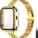 Thin Women Band Compatible with Apple Watch 41mmm with Face Cover, Stainless Steel for Metal iwatch Band Series 9 8 7 6 5 4 3 2 1 SE. (Gold) 