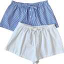 MakeMeChic Women's 2 Pack Linen Shorts Striped Gingham Summer Beach Pajama Boxer Shorts (Blue, L)