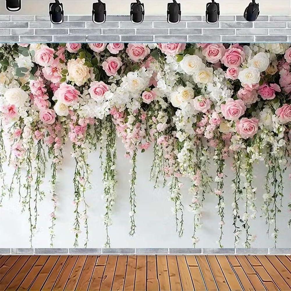 Pink Rose Flowers White Brick Wall Backdrop for Women Girls Birthday Party Banner Anniversary Wedding Baby Shower Bridal Party Decor Photo Booth Props (A, 7x5feet)